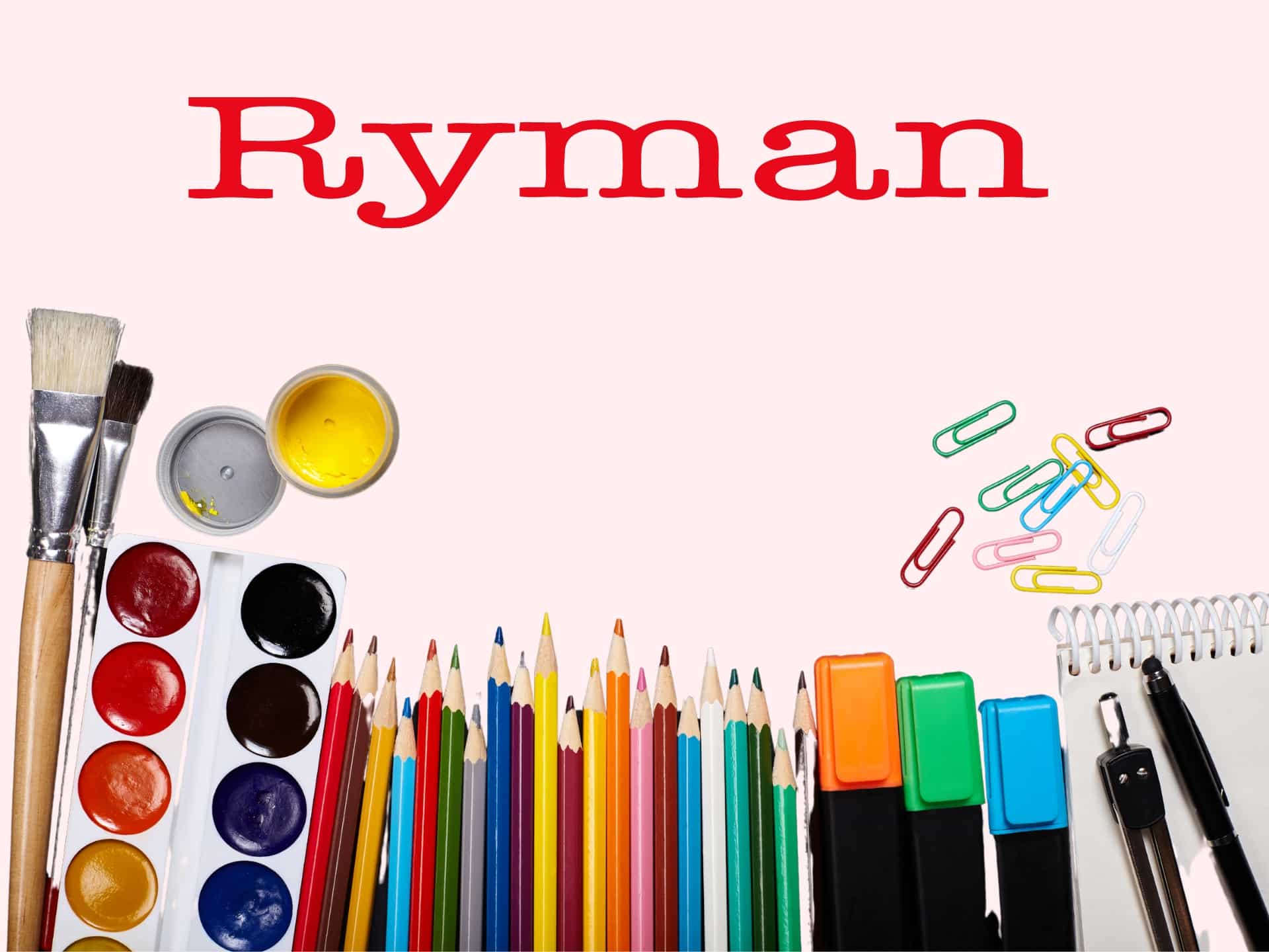 Colorful Assortment Of Art Supplies Including Paint, Pencils, And Stationery Arranged With The Text &Quot;Ryman&Quot; Prominently Displayed Above.