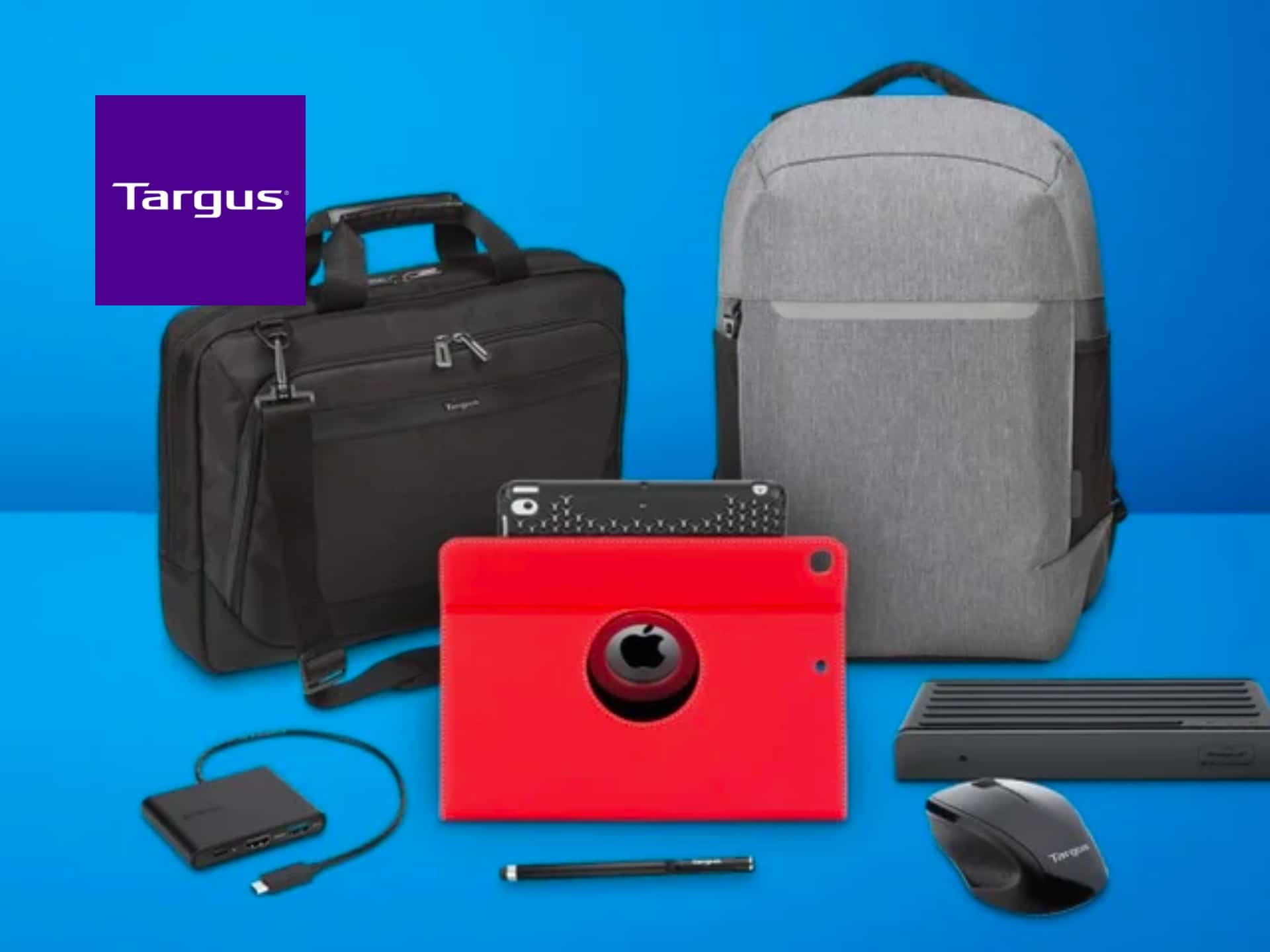 Targus Laptop Bags And Accessories Including A Gray Backpack, Black Briefcase, Red Tablet, External Hard Drive, Wireless Mouse, And Stylus On A Blue Background.