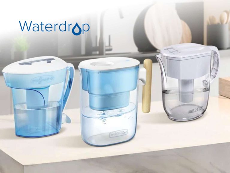 Waterdrop Water Filter Pitchers Displayed On A Kitchen Countertop, Showcasing Three Different Models In Blue And White Colors, Designed For Improved Drinking Water Quality.