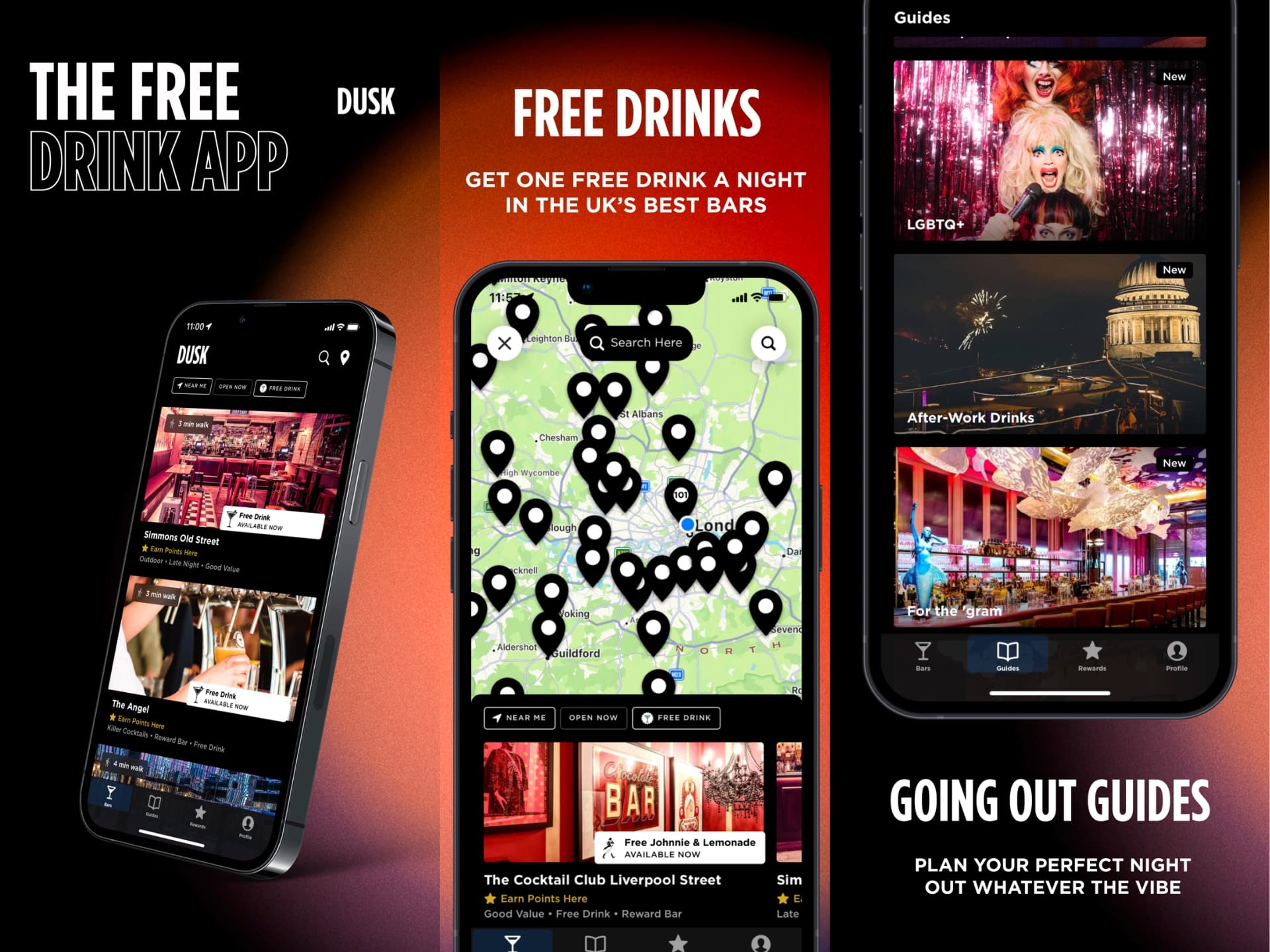 Mobile app advertisement showcasing features for finding free drinks and exploring nightlife. The screen displays a map with locations, promotional offers for free drinks, and guides for going out.