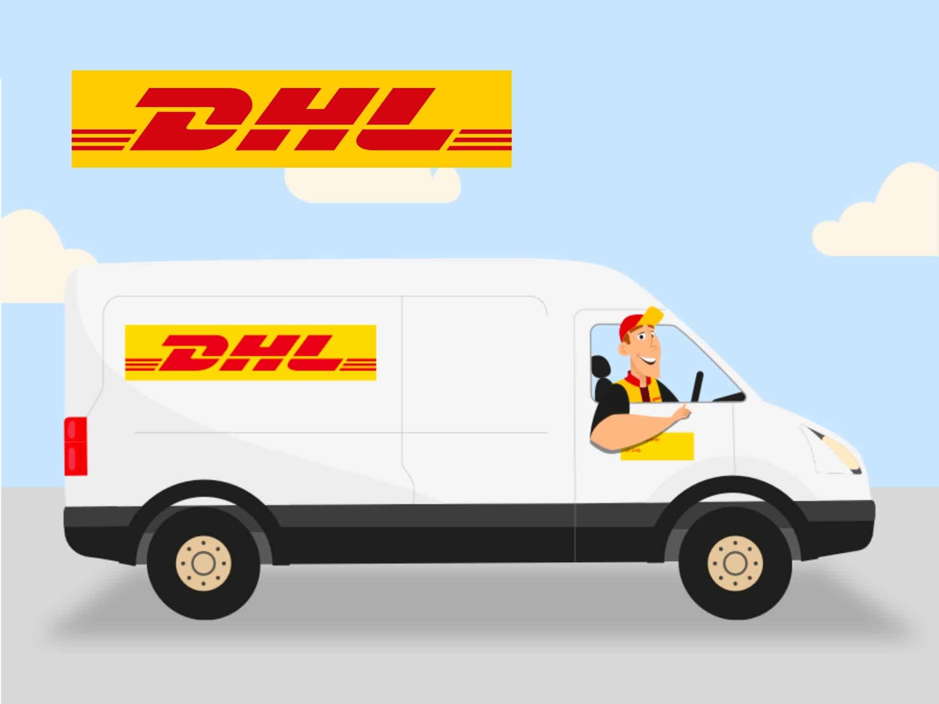 DHL delivery van with a driver, featuring the iconic red and yellow DHL logo, set against a blue sky with clouds.