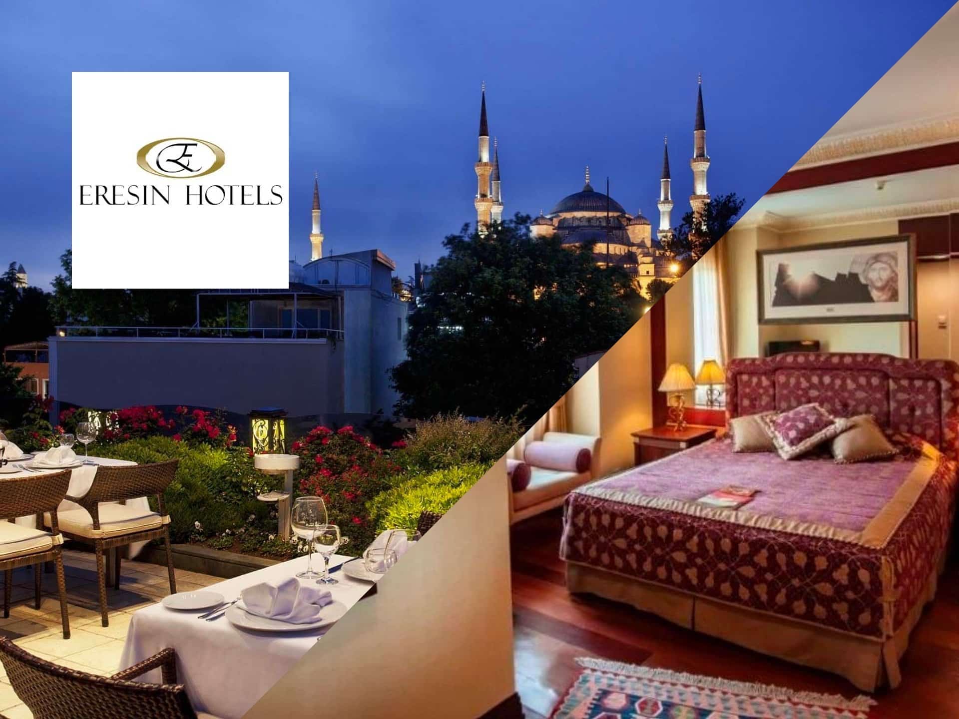 Elegant Evening View Of The Deren Hotel Featuring Outdoor Dining With A City Skyline And A Luxurious Bedroom Interior, Showcasing Comfort And Style In A Prime Location.