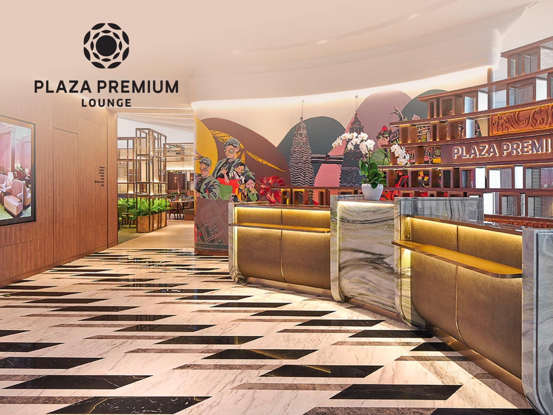 Modern Interior Of Plaza Premium Lounge Featuring A Stylish Reception Area With Elegant Decor, Vibrant Wall Art, And Polished Flooring, Designed For Travelers Seeking Comfort And Relaxation.