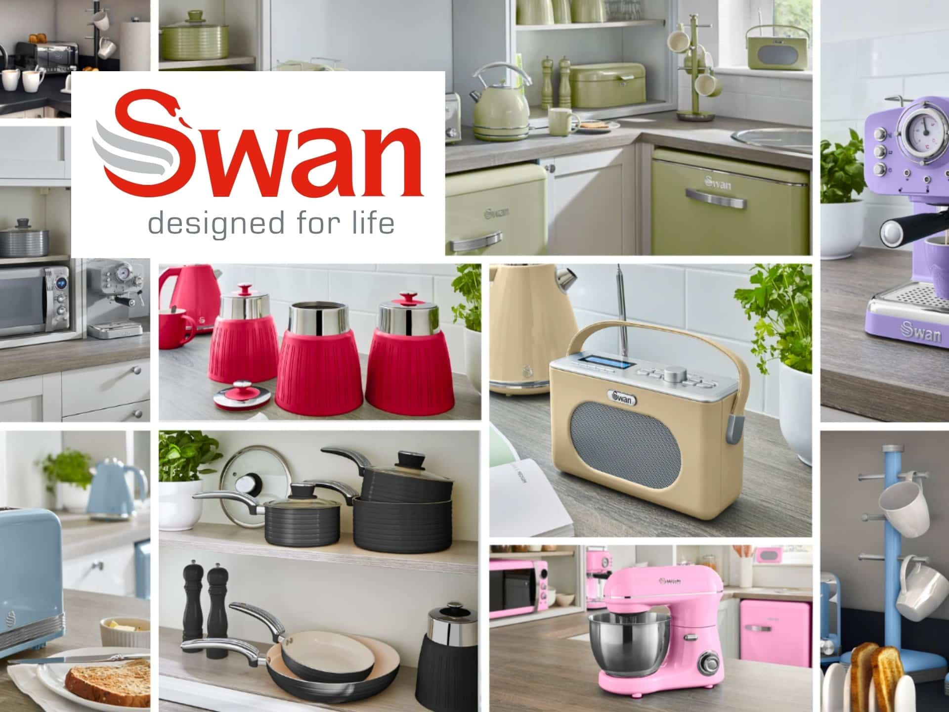 Collage Of Swan Kitchen Appliances Including Kettles, Toasters, And A Stand Mixer, Showcasing A Modern Kitchen Aesthetic With Vibrant Colors And Stylish Designs.
