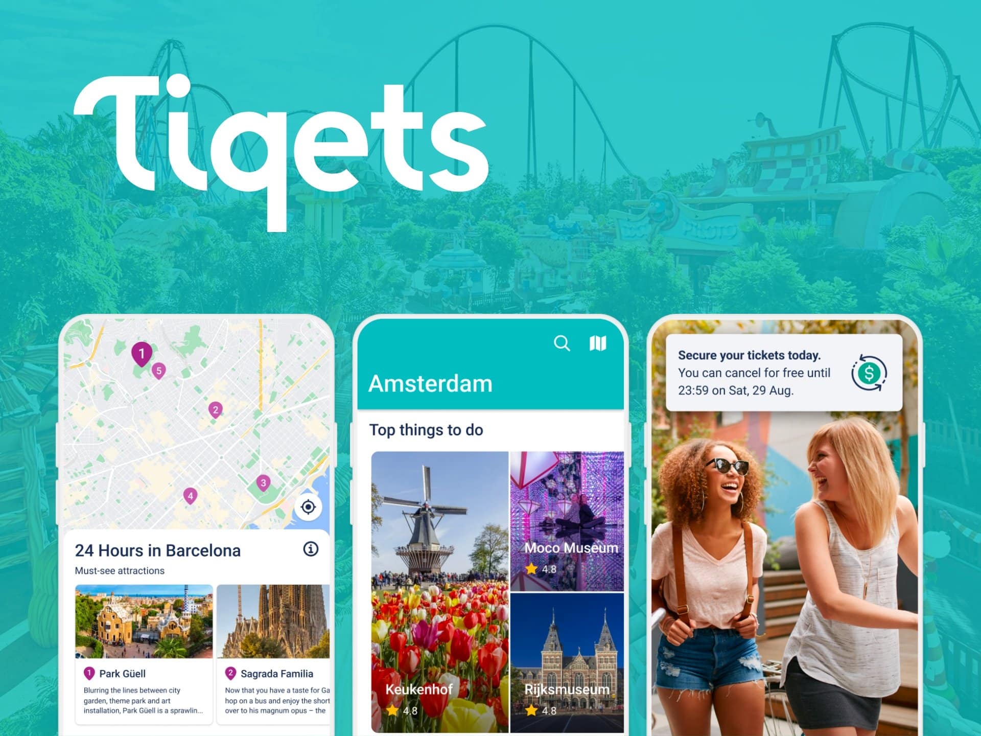 Tiqets Mobile App Interface Showcasing A Map, Popular Attractions In Amsterdam, And Images Of Visitors Enjoying Their Experience, Set Against A Vibrant Background.