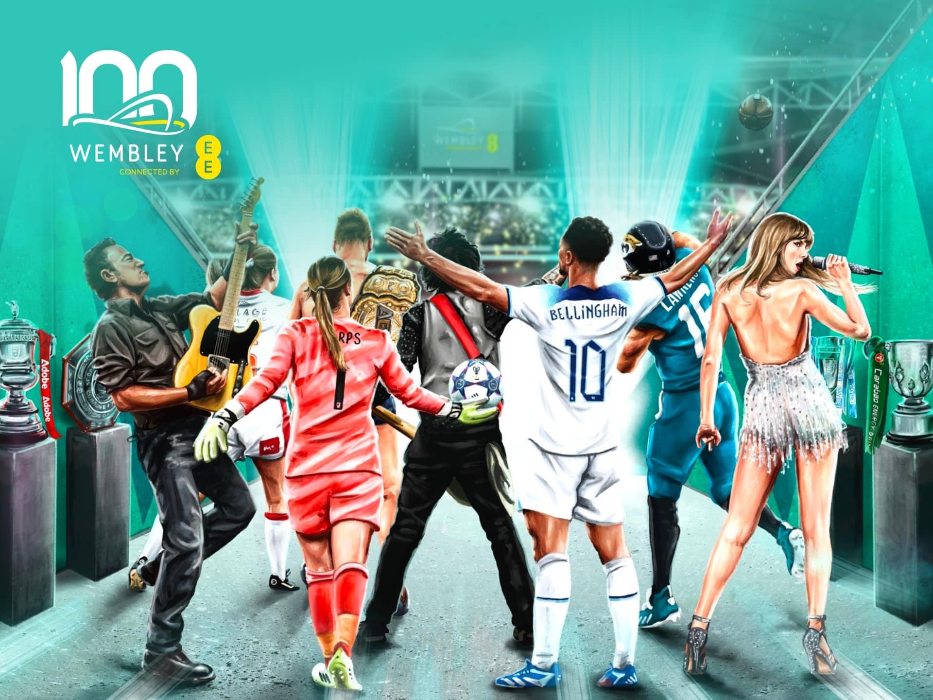 Group Of Diverse Individuals Celebrating In A Vibrant Sports-Themed Environment, Showcasing Athletes In Jerseys And Musicians, Symbolizing Unity In Sports And Entertainment.
