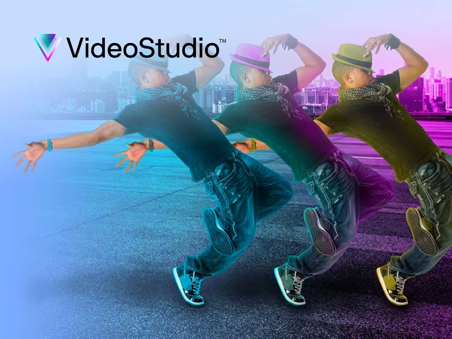 Dynamic image showcasing a dancer in motion with a colorful gradient background, featuring the VideoStudio logo prominently. Ideal for promoting video editing software that enhances creative projects.