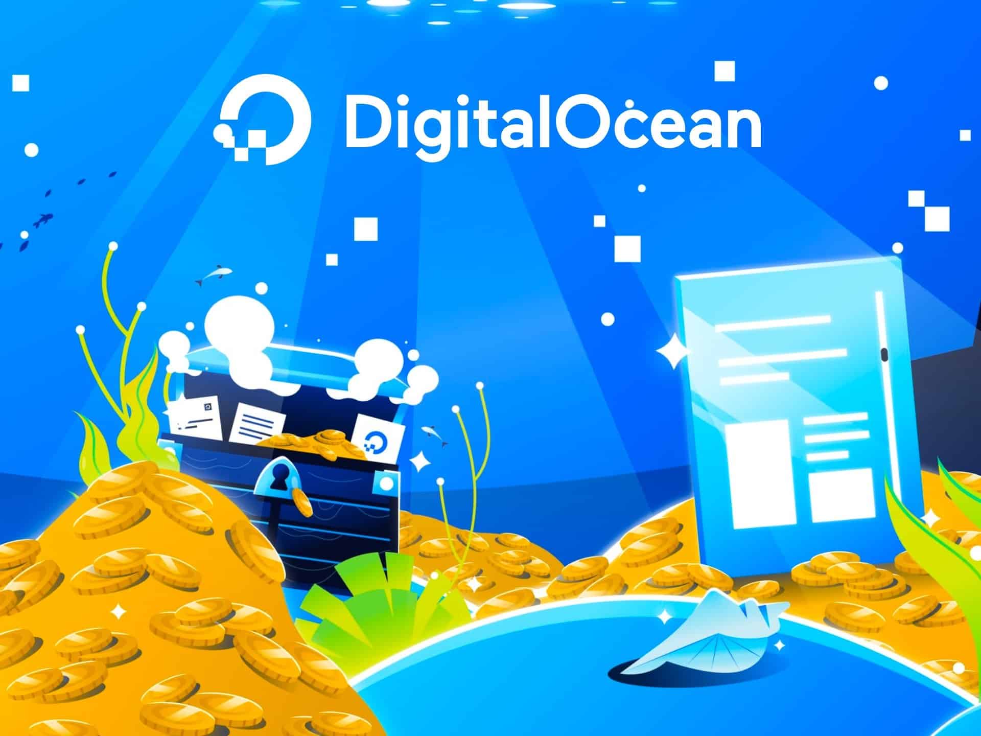 DigitalOcean logo with a vibrant underwater scene featuring treasure chests, documents, and marine elements, symbolizing cloud computing and digital innovation.