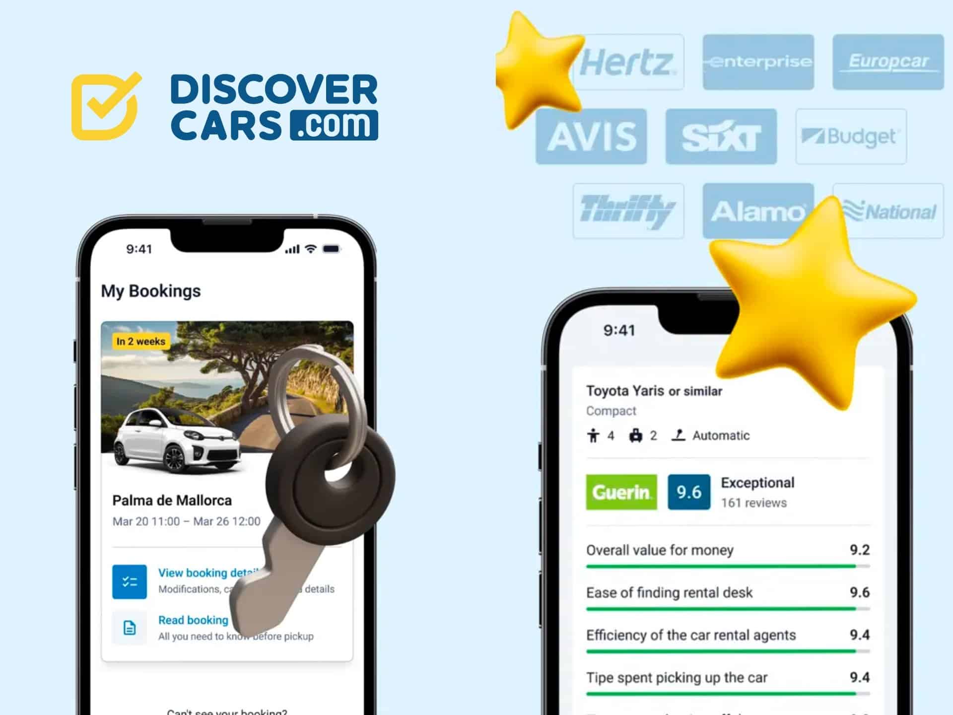 Mobile app interface of Discover Cars showcasing car rental bookings, featuring a car image and a key icon, with ratings and logos of rental companies like Hertz, Avis, and Thrifty.