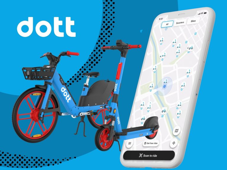 Dott Electric Scooter And Bike With A Smartphone App Displaying A Map For Locating Vehicles, Promoting Sustainable Urban Transportation Solutions.