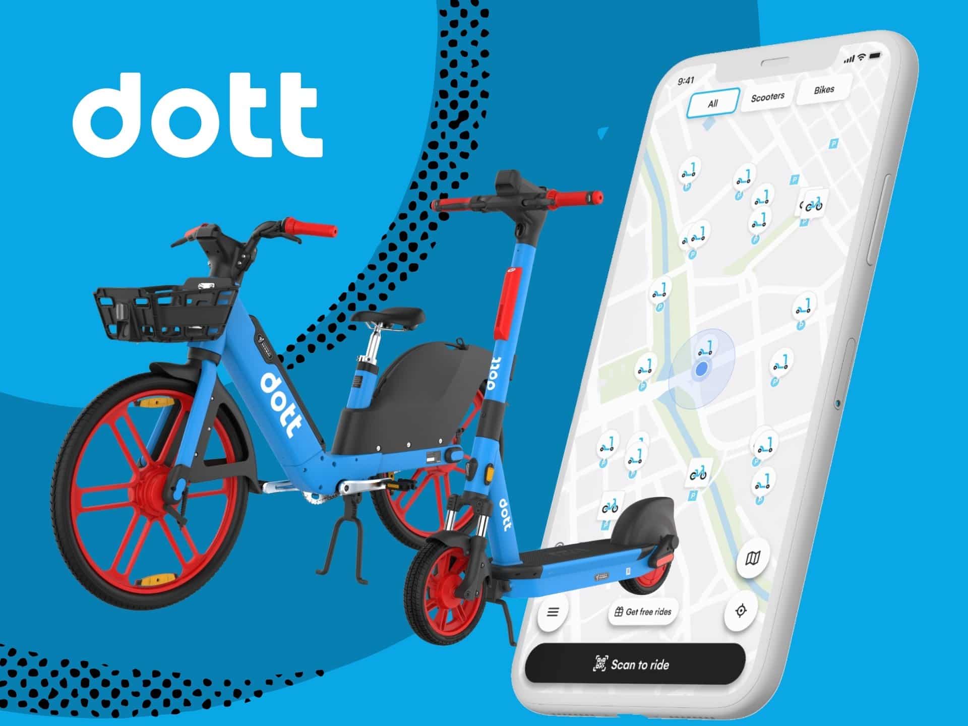 Dott Electric Scooter And Bike With A Smartphone App Displaying A Map For Locating Vehicles, Promoting Sustainable Urban Transportation Solutions.