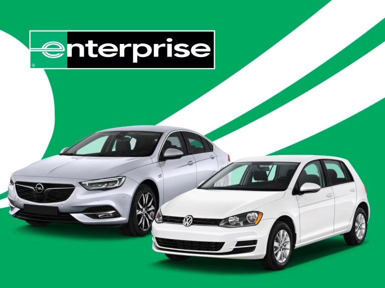 Two Rental Cars, A Silver Sedan And A White Hatchback, Are Displayed Against A Green Background Featuring The Enterprise Logo. The Image Promotes Car Rental Services.