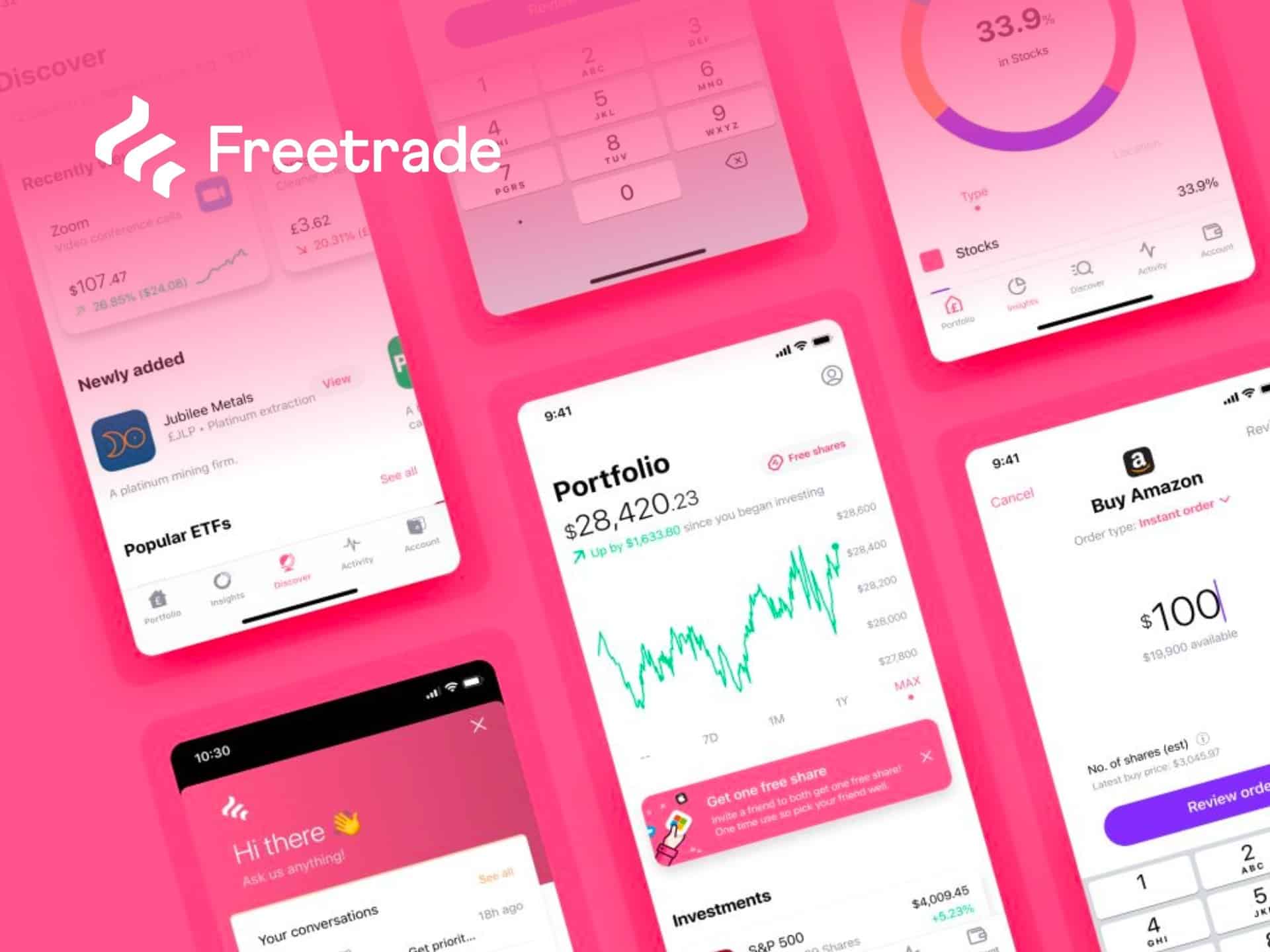 Screenshots of the Freetrade app interface showcasing various features, including stock market tracking, investment analytics, and user account information, all presented on a vibrant pink background.