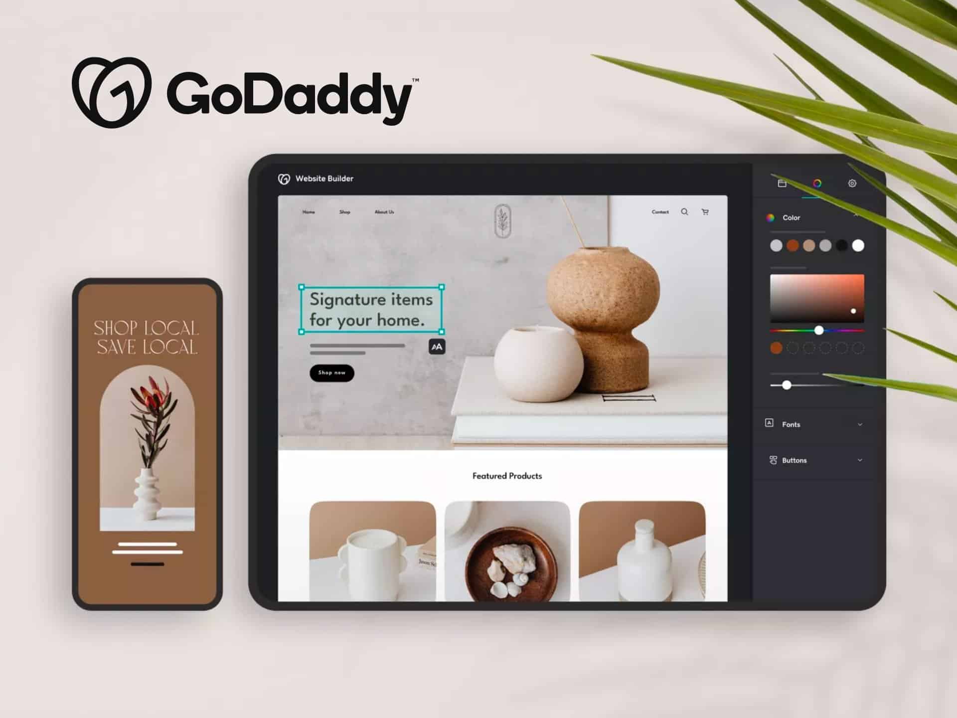 GoDaddy website builder interface displayed on a tablet and smartphone, showcasing a modern, minimalist design with decorative elements like vases and neutral colors, ideal for creating a professional online presence.