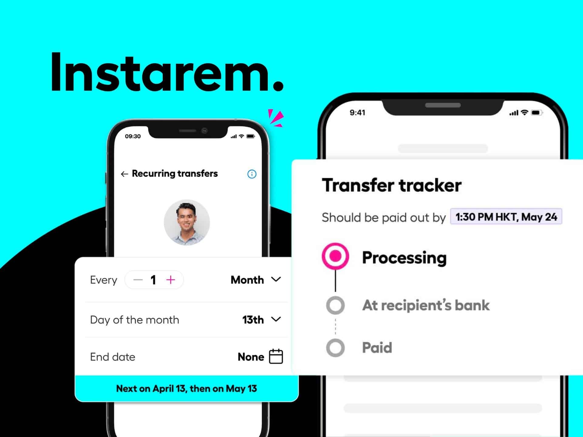 Mobile app interface of Instarem showing a transfer tracker with statuses including "Processing" and "Paid," alongside user details on a vibrant background.