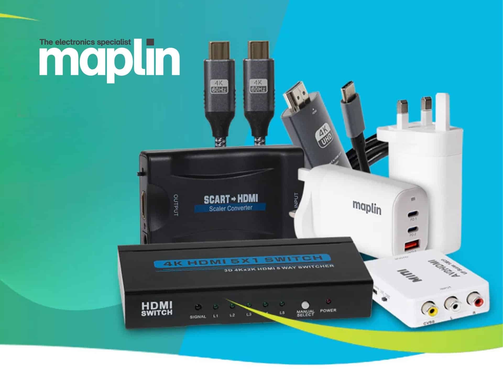 Collection Of Maplin Electronic Products Including Usb Cables, Power Adapters, And A Multi-Port Hub, Displayed On A Vibrant Blue And Green Background.