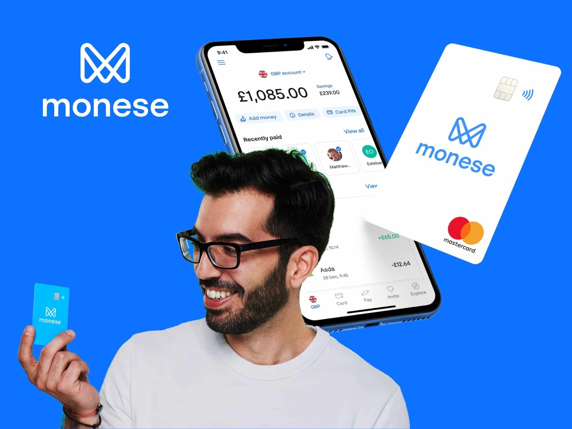 A smiling man holds a Monese card in front of a smartphone displaying the Monese app interface, set against a vibrant blue background. The image highlights the features of Monese, a mobile banking service.