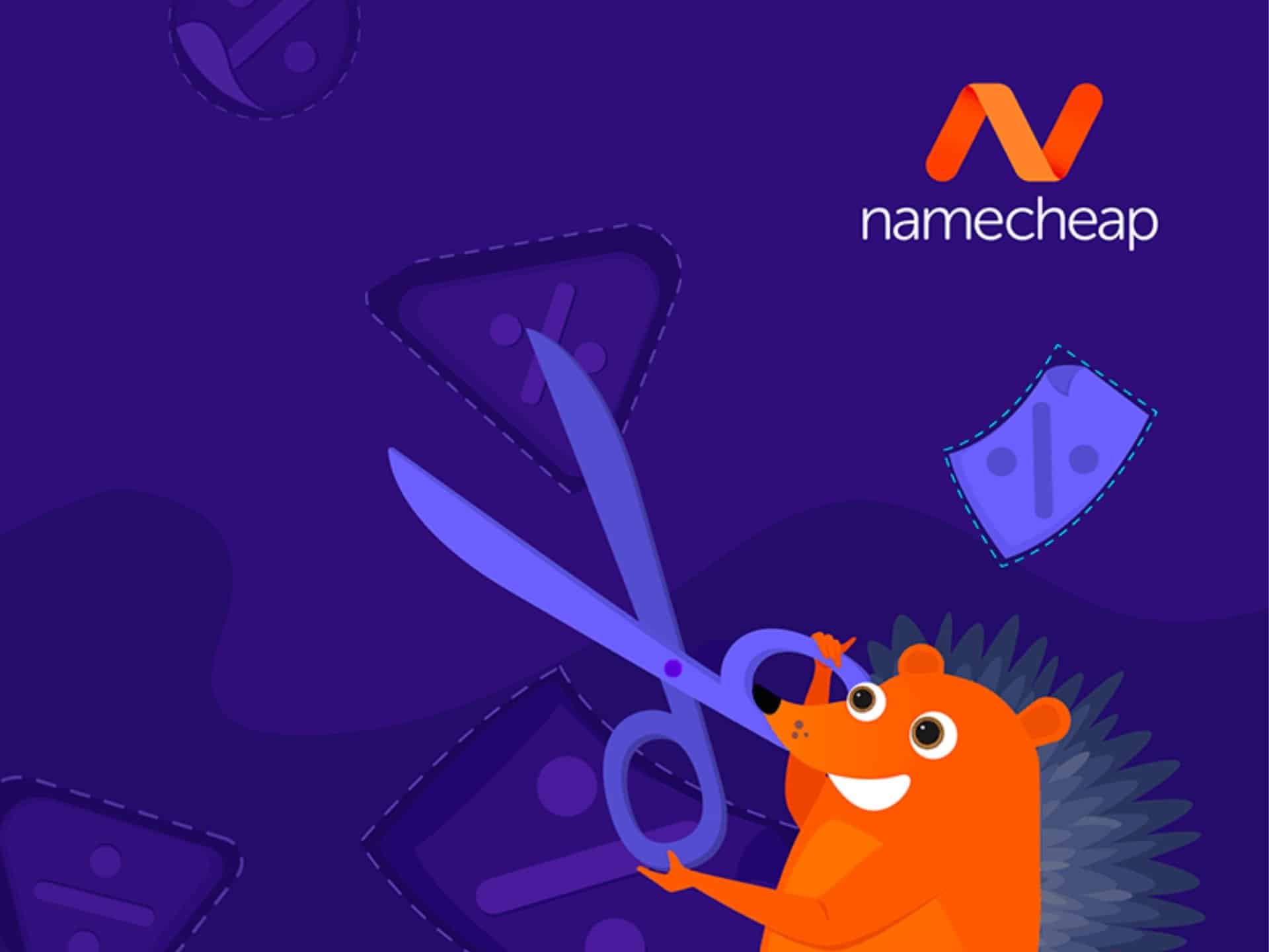 Cartoon hedgehog holding scissors against a purple background with Namecheap logo, representing savings or cutting costs in domain registration and web hosting services.