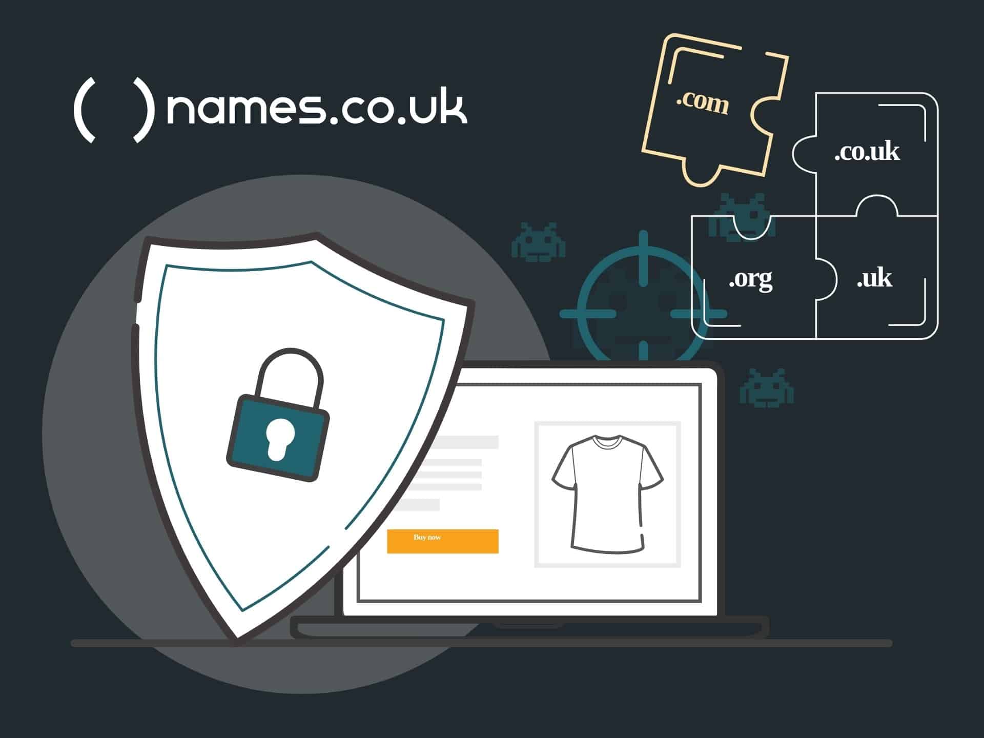 Illustration depicting a secure online shopping experience with a shield symbolizing protection, a website interface displaying a T-shirt, and puzzle pieces representing domain names, emphasizing the importance of security in e-commerce on names.co.uk.