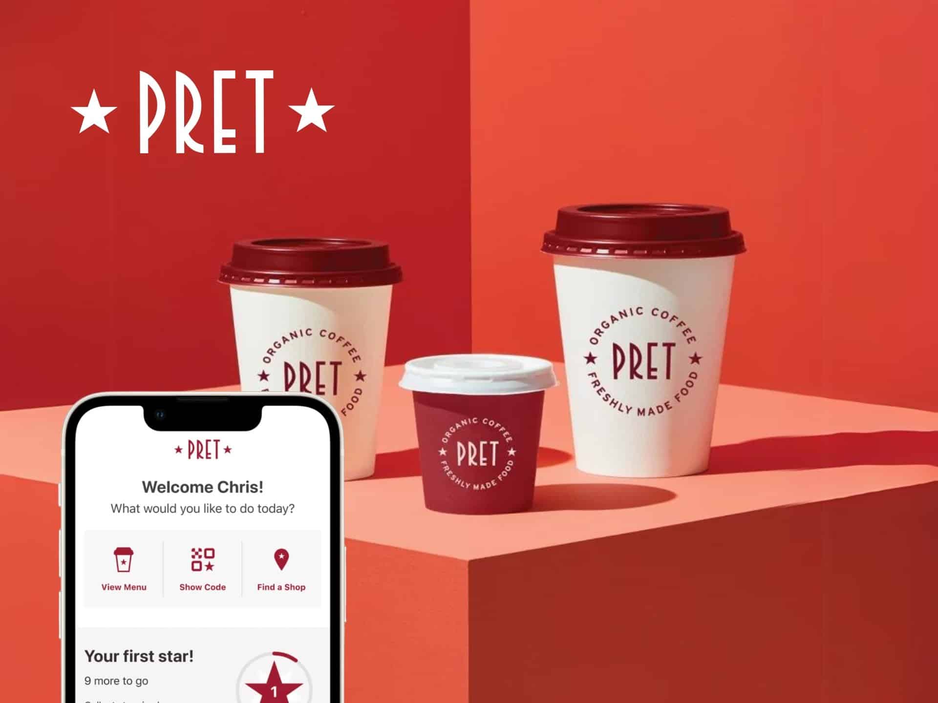 Image featuring Pret coffee cups of various sizes against a vibrant red background, alongside a smartphone displaying the Pret app interface. The design highlights Pret's branding and offers a modern, inviting look for coffee lovers.