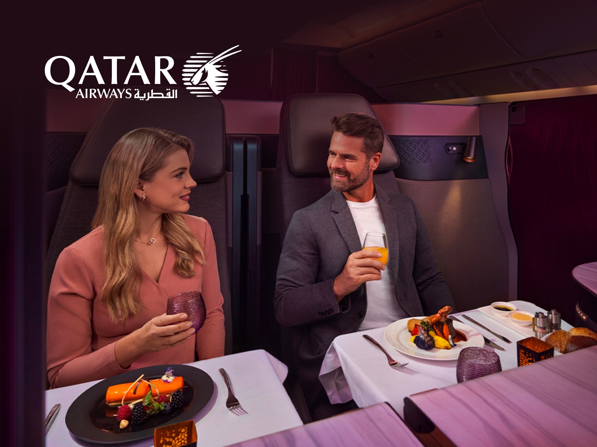 Qatar Airways Promo Code Qatar Airways cabin interior - luxurious seats and design. Business class or premium economy cabin visible.