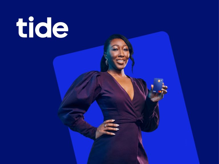 Smiling Woman In A Stylish Purple Dress Holding A Tide Product, Set Against A Blue Background With The Tide Logo, Promoting Laundry Detergent Effectiveness And Brand Identity.