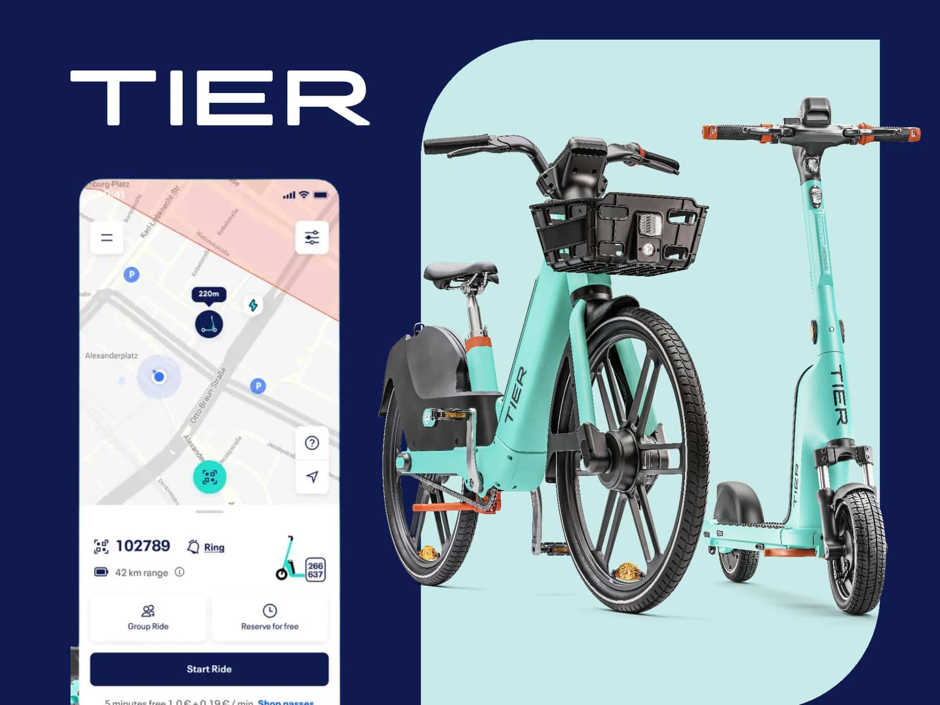 Image of a TIER mobility app displaying a map and available electric scooter and bike options in a vibrant teal color. The app interface shows location and ride details, promoting eco-friendly transportation solutions.