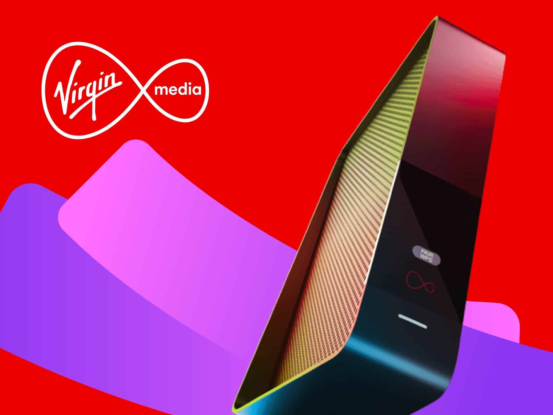 Virgin Media logo displayed prominently on a vibrant red background, featuring a sleek, modern device with a colorful gradient design and subtle branding elements. Ideal for showcasing innovative technology and digital services.