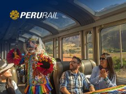 Perurail train on scenic track promoting discounts