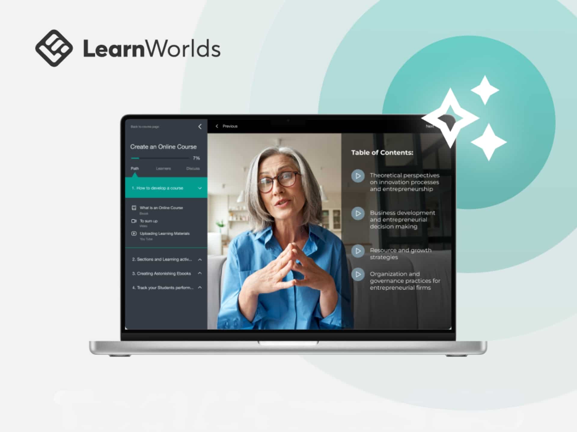 LearnWorlds platform cover image showcasing online course creation and selling. Build your online school with ease, featuring branding and course design.
